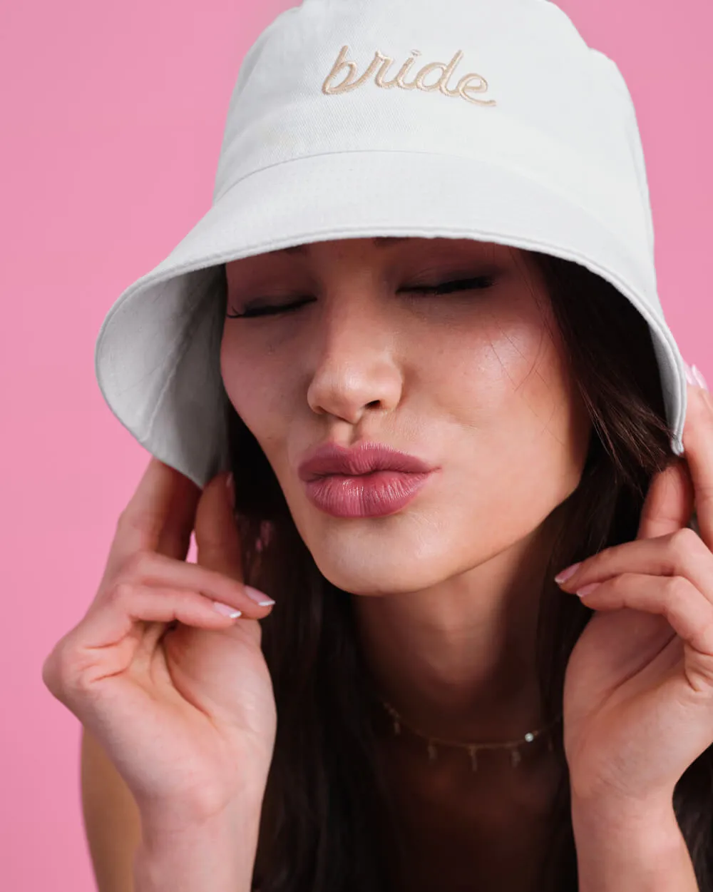 Beige Bride Bucket Hat - embroidered cotton hat