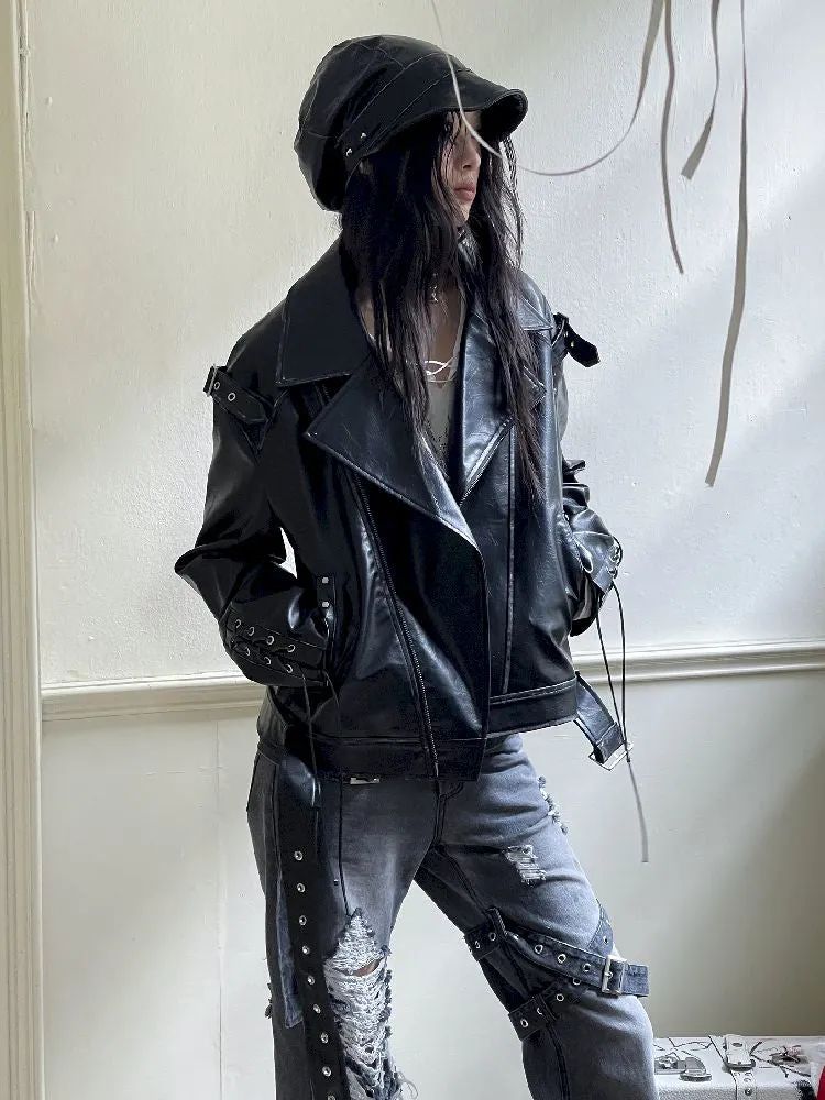 Drop Shoulder Tie Loose Biker Coat【s0000010717】