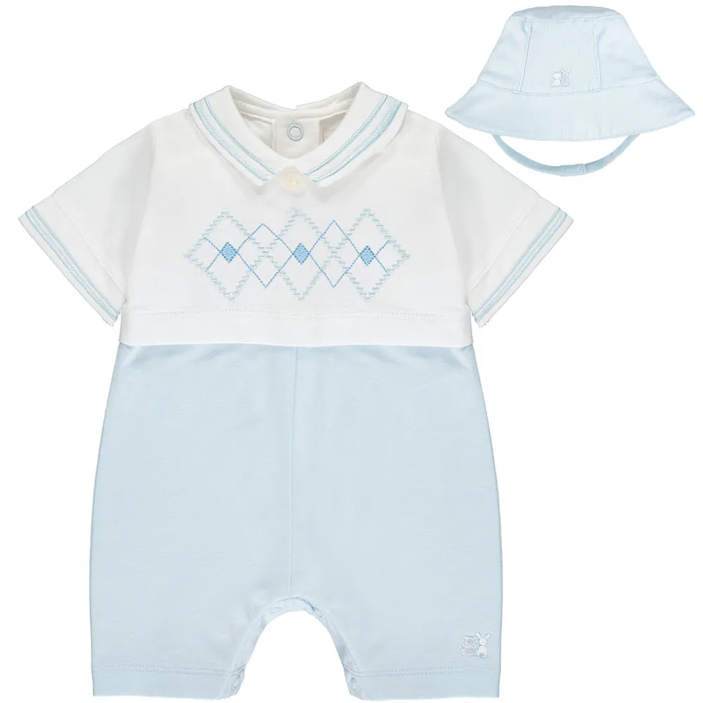 Emile et Rose - Baby boy pale blue  and white romper with hat, 7299 Wilson