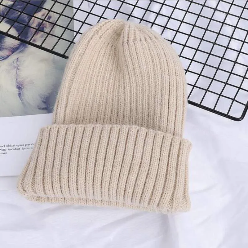 Fashion Solid Color Striped Knitted Bonnet Women Hat Winter Autumn Warm Knit Beanie Cap Ladies Girls Hats Cap