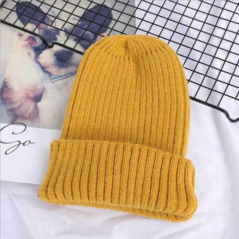 Fashion Solid Color Striped Knitted Bonnet Women Hat Winter Autumn Warm Knit Beanie Cap Ladies Girls Hats Cap