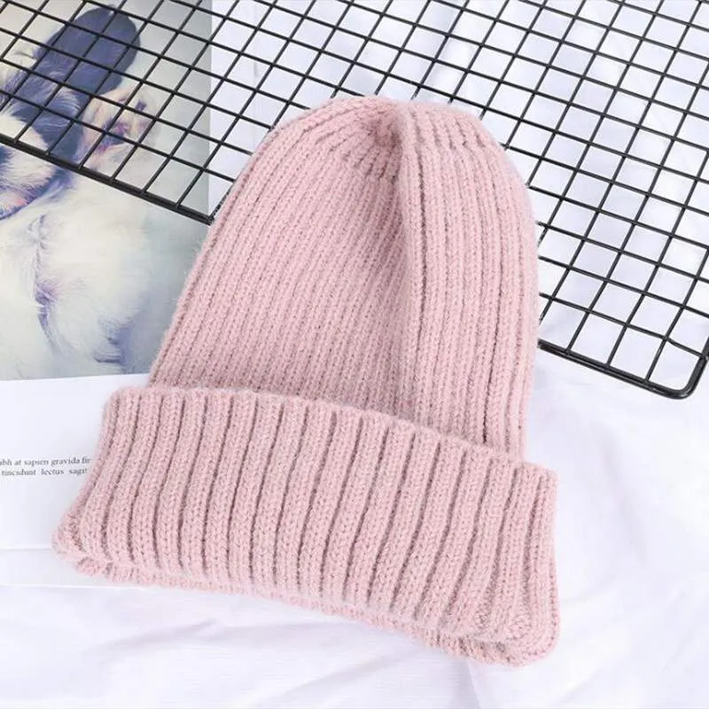 Fashion Solid Color Striped Knitted Bonnet Women Hat Winter Autumn Warm Knit Beanie Cap Ladies Girls Hats Cap