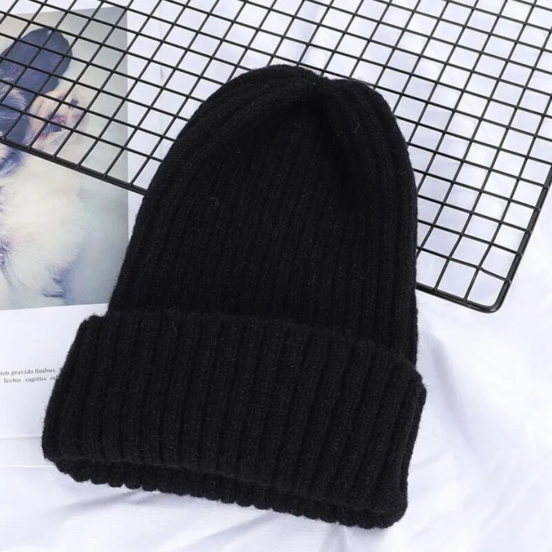 Fashion Solid Color Striped Knitted Bonnet Women Hat Winter Autumn Warm Knit Beanie Cap Ladies Girls Hats Cap