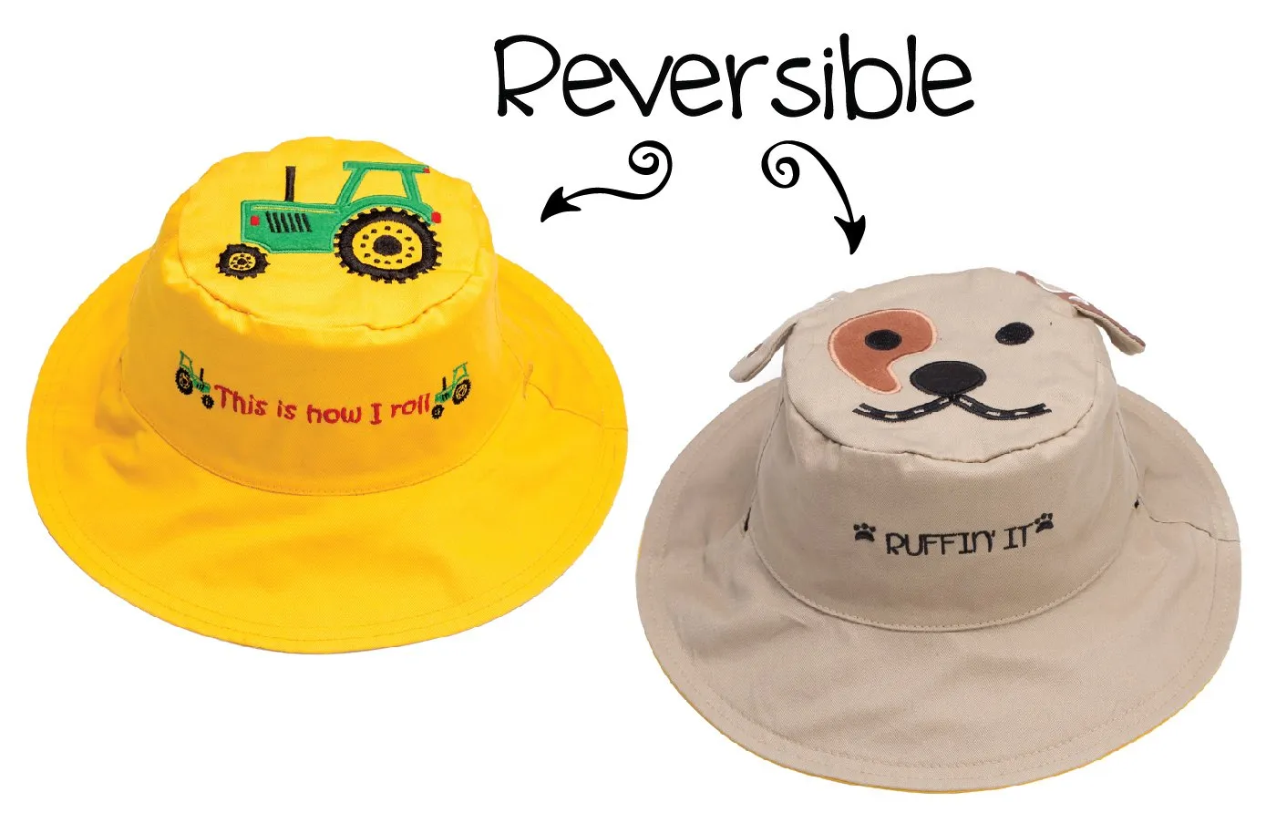 FlapJackKids - Reversible Kids' Sun Hat - Tractor / Dog