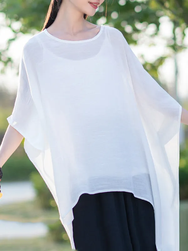 Half Sleeves High-Low See-Through Solid Color Round-Neck Blouses