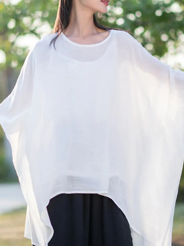 Half Sleeves High-Low See-Through Solid Color Round-Neck Blouses