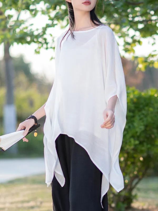 Half Sleeves High-Low See-Through Solid Color Round-Neck Blouses