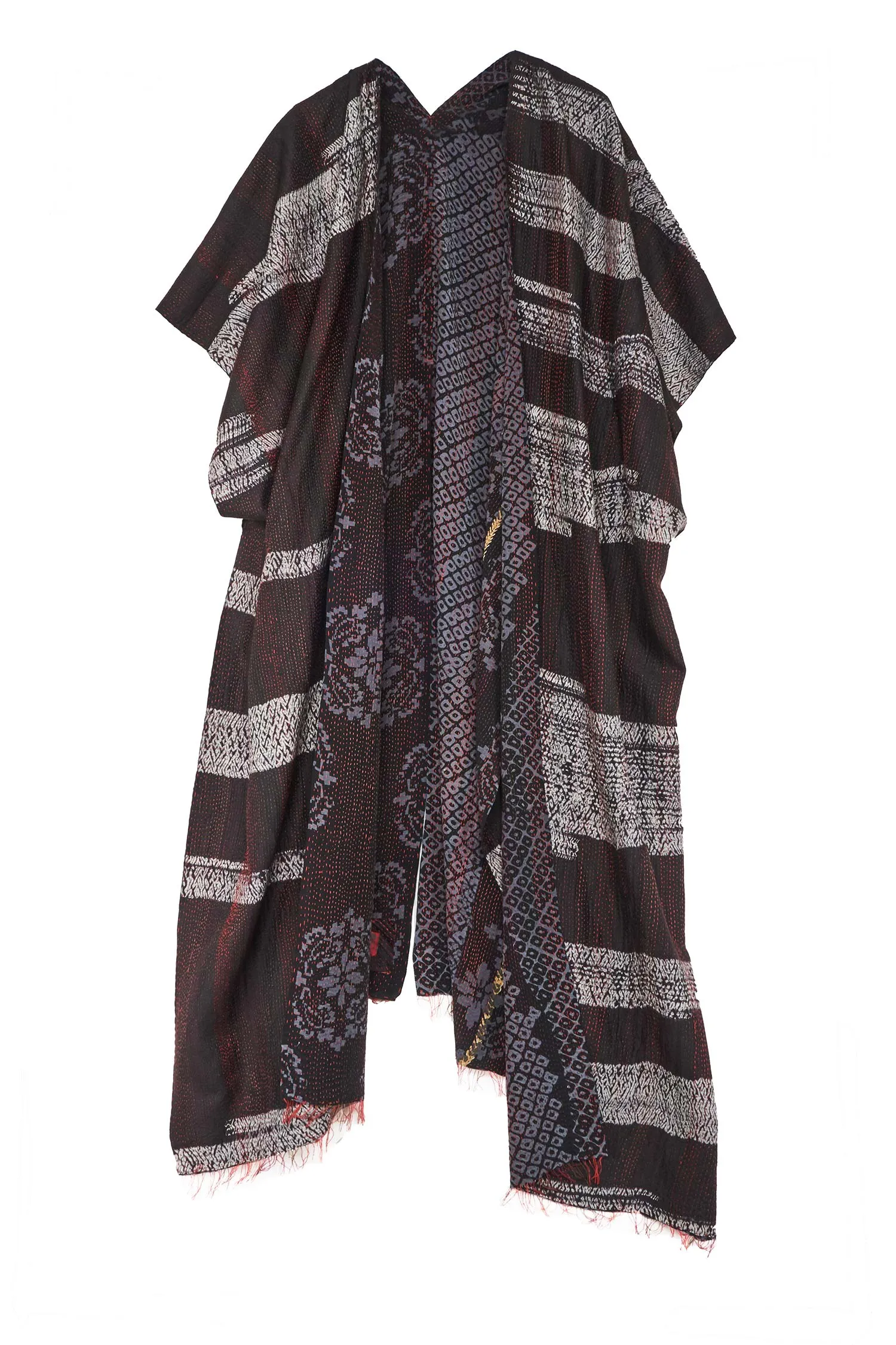 KIMONO PRINT KANTHA KIMONO PONCHO - kp2321-blk -