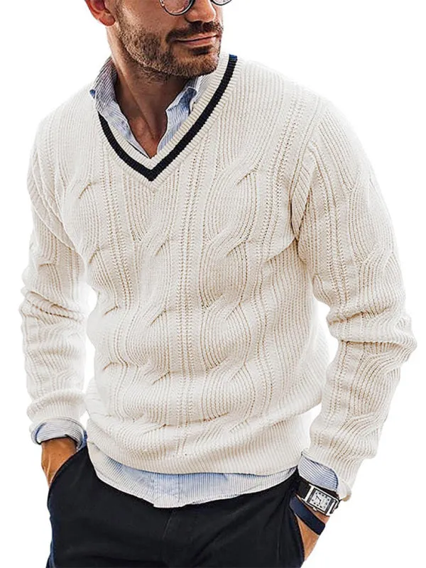 Men's Fashionable V-Neck Slim Fit Long Sleeve Knitted Sweater