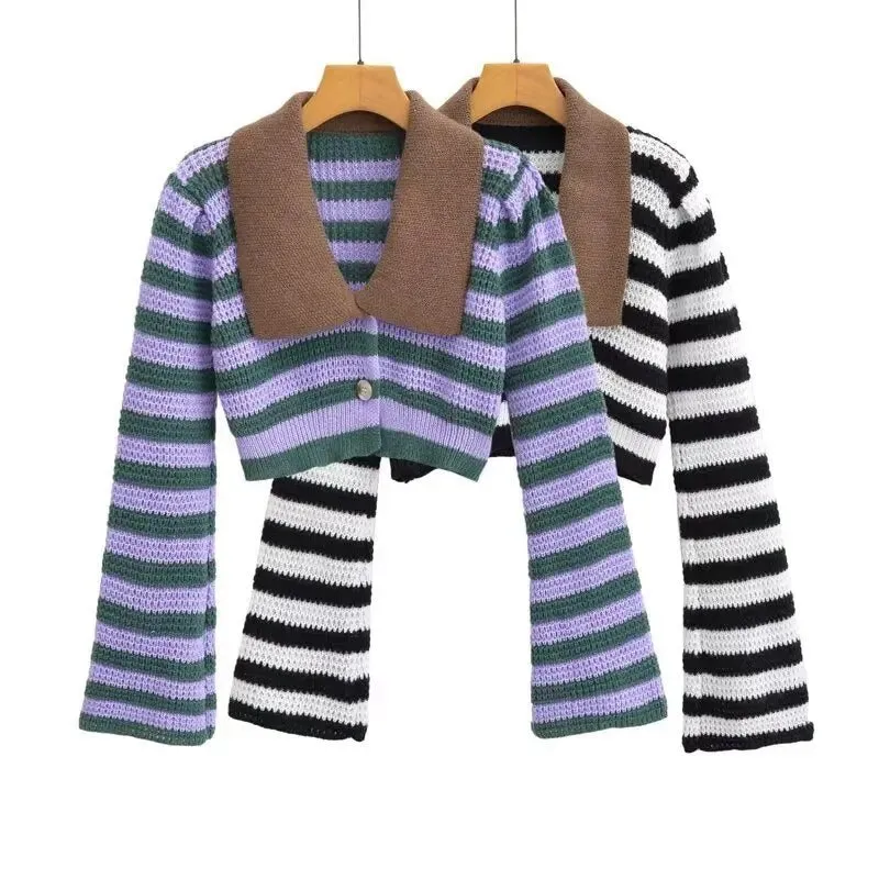 Pre Order:  Striped Knitted Contrast Collar Jacket