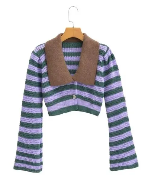 Pre Order:  Striped Knitted Contrast Collar Jacket