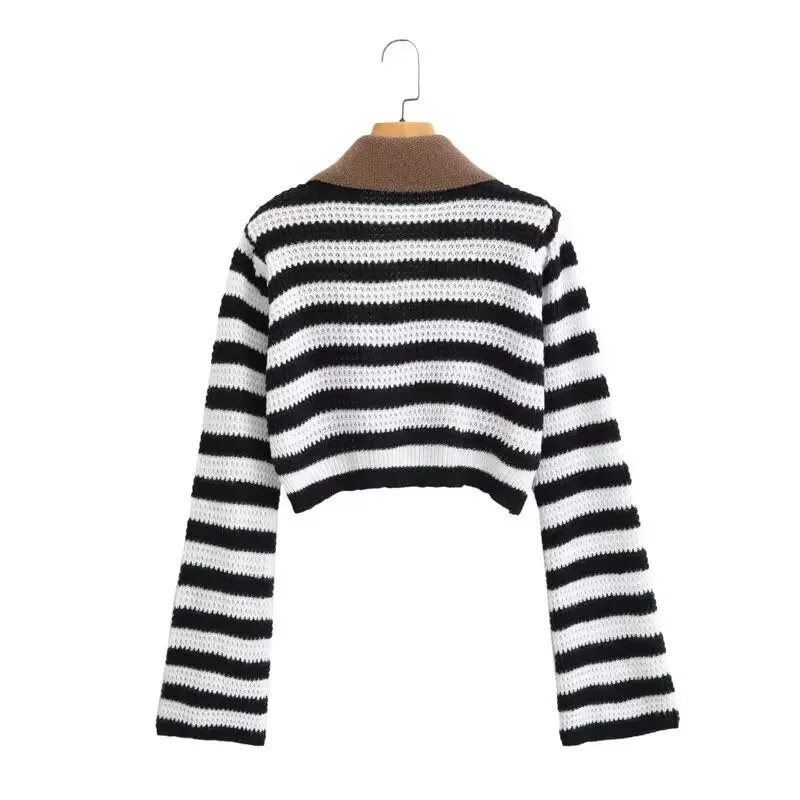 Pre Order:  Striped Knitted Contrast Collar Jacket