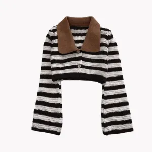 Pre Order:  Striped Knitted Contrast Collar Jacket