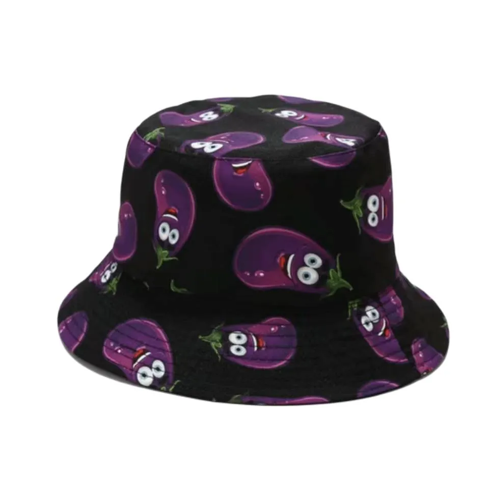 Reversible Eggplants Printed Bucket Hat- Black