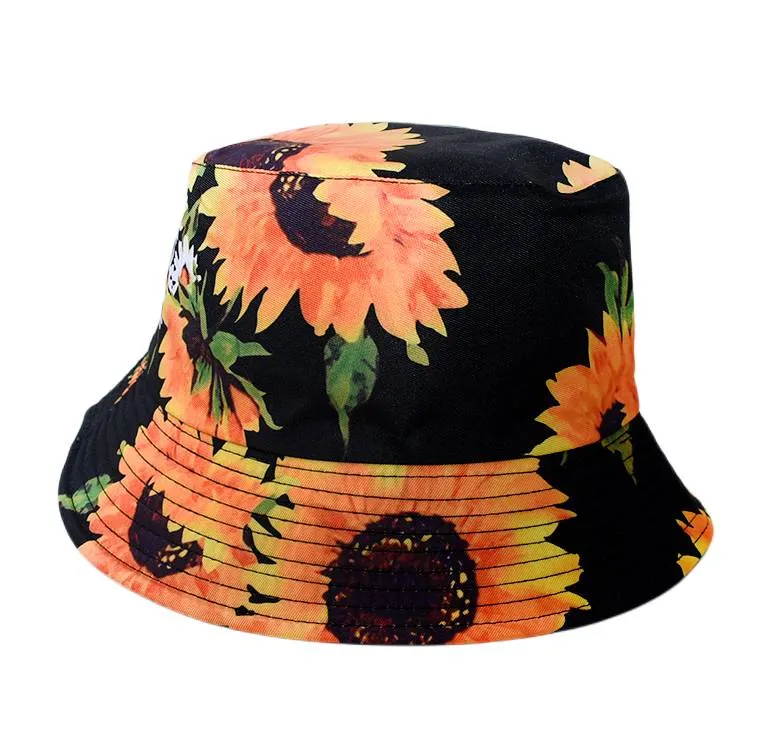 Reversible Sunflower Printed Bucket Hat- Black