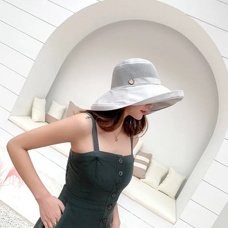 Wenkouban 2023 Anti-UV Wide Brim Cotton Linen Sun Hat For Women Vacation Summer Panama Foldable Bucket Hat Large Brim Korean Beach Sun Hat